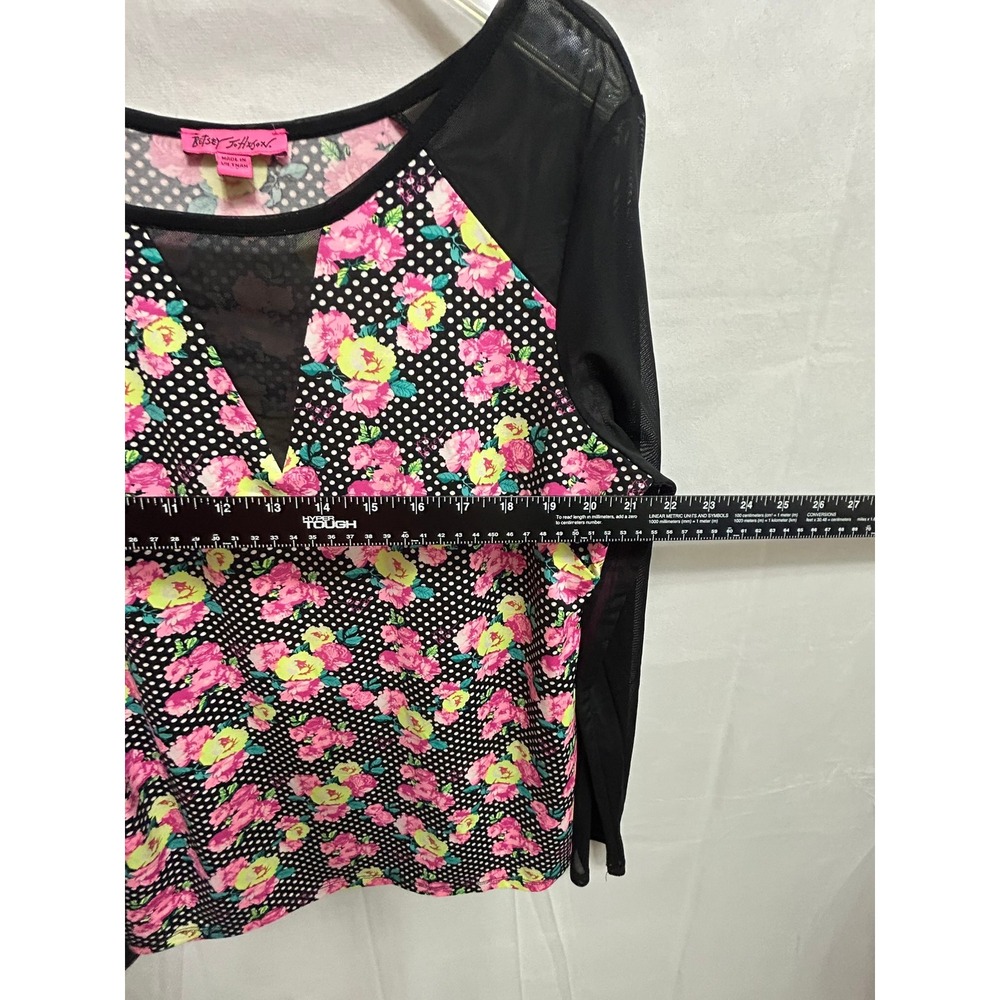 Betsey Johnson Womens XL Floral Polka Dot Mesh Long Sleeve Top Black Pink V-Neck - Picture 3 of 12